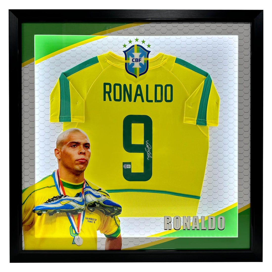 Ronaldo Nazario Signed Brazil Jersey Custom Framed with LED Light - Beckett COA (1 of 2)