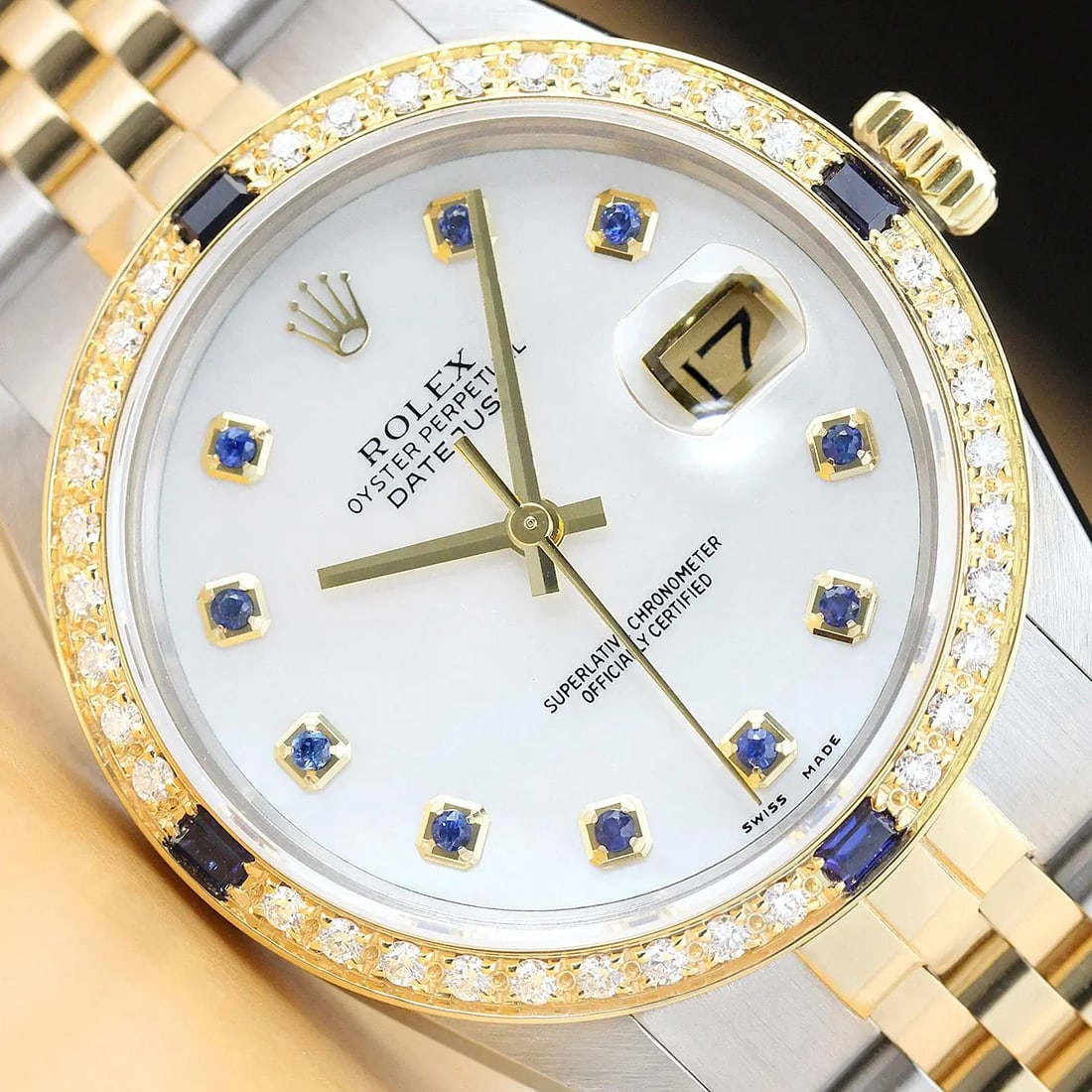 ROLEX MENS DATEJUST 2 TONE MOTHER OF PEARL SAPPHIRE DIAL QUICKSET DIAMOND WATCH (1 of 9)