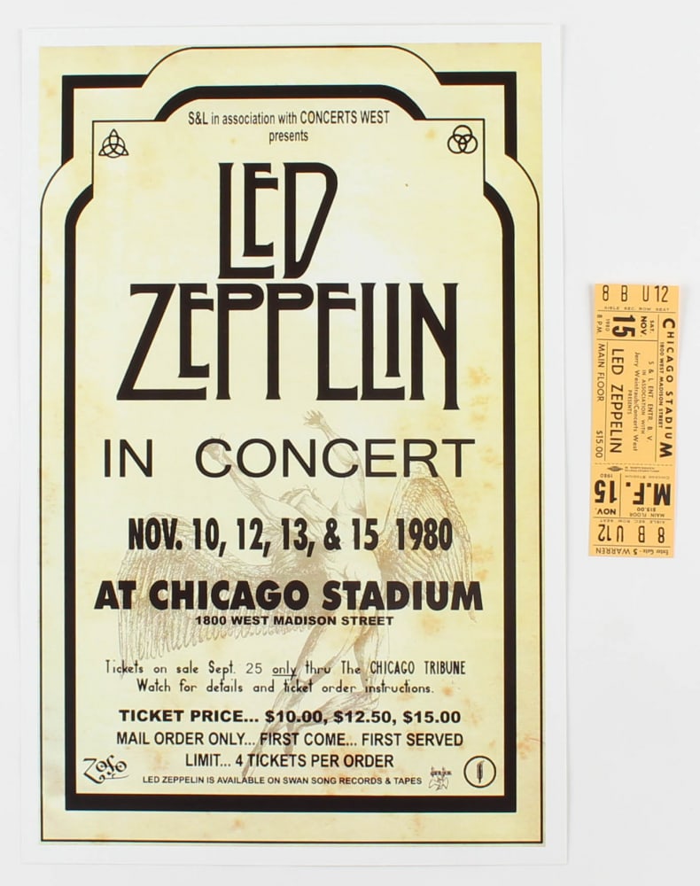 Set of (2) Led Zeppelin Concert Items with (1) Concert Ticket & (1) 11x17 Concert Poster Print (1 of 1)