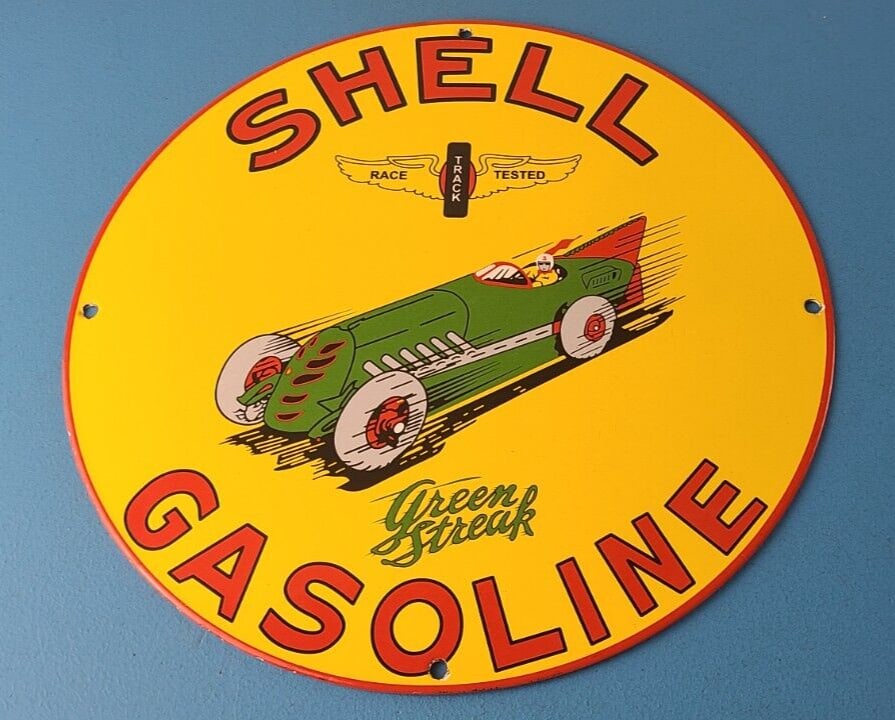 Vintage Shell Gasoline Sign - Gas Pump Green Streak Porcelain Sign (1 of 1)