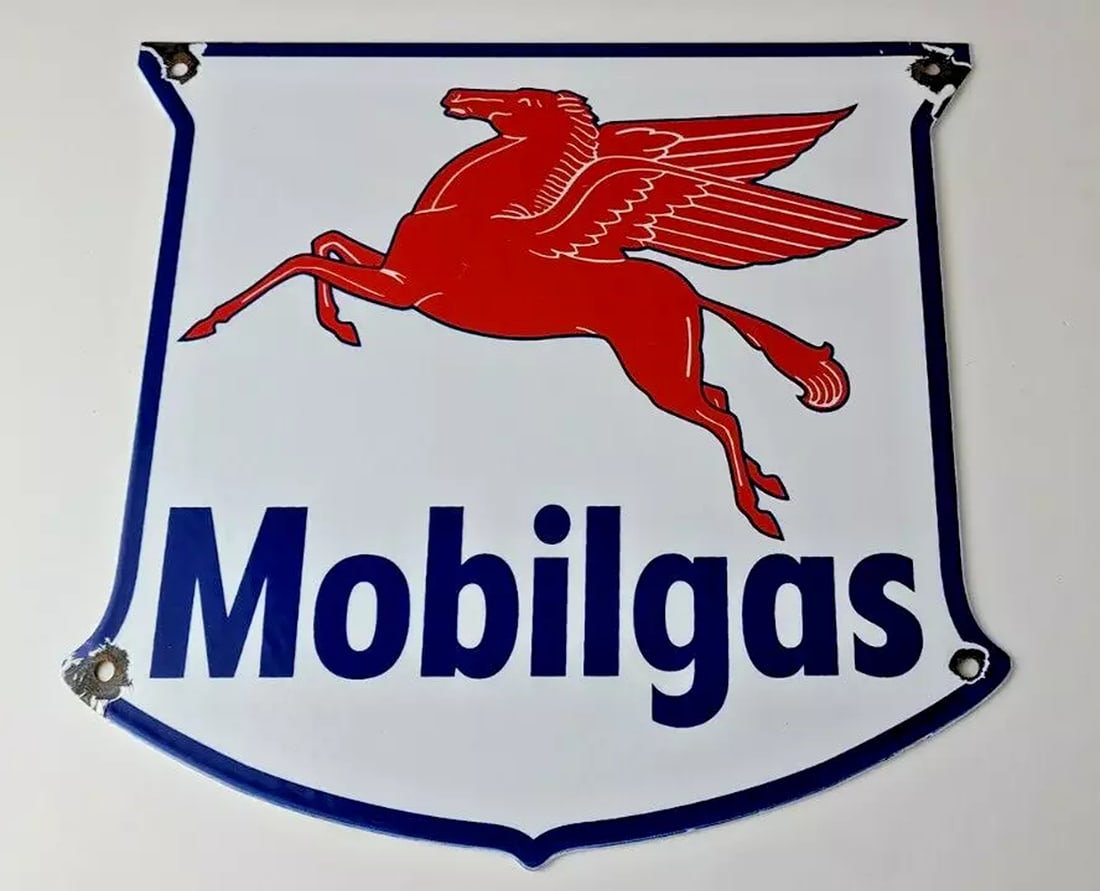 Vintage Mobilgas Sign - Porcelain Mobil Gasoline Pegasus Shield Gas Pump Sign (1 of 15)