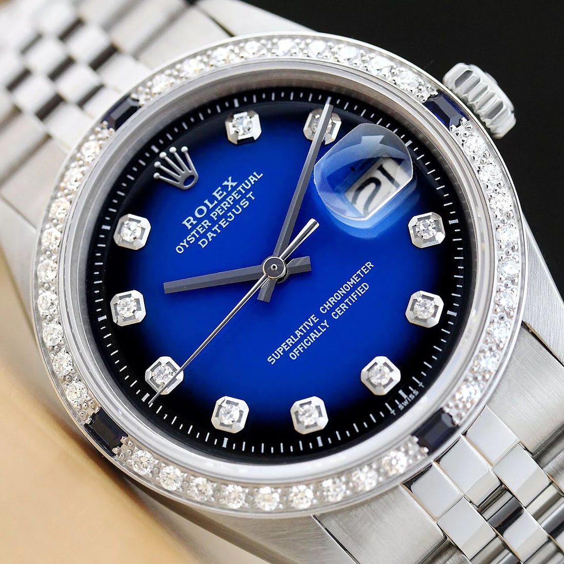 MENS ROLEX DATEJUST BLUE VIGNETTE SAPPHIRE DIAMOND 18K WHITE GOLD & STEEL WATCH (1 of 10)