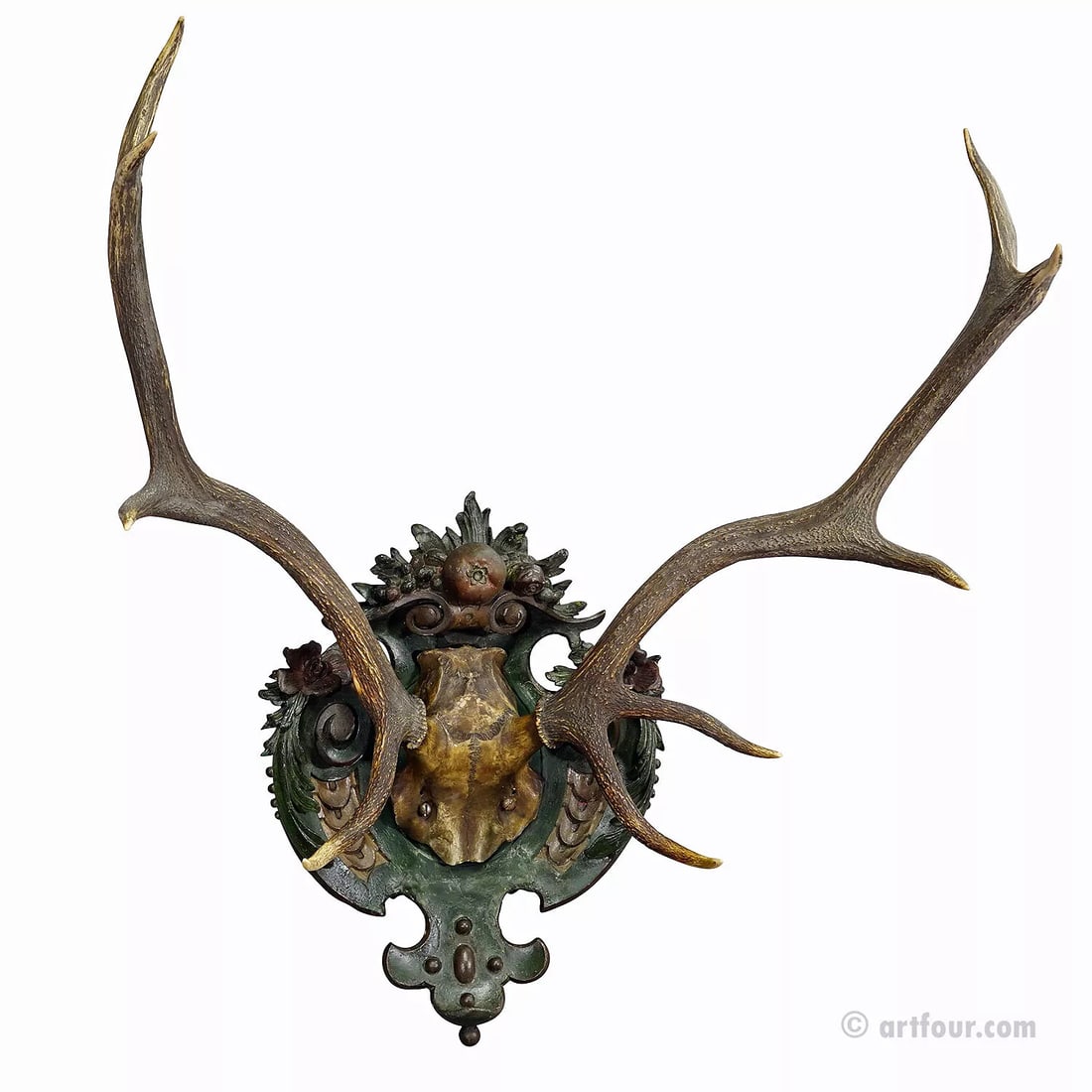 Antique Black Forest Red Deer Trophy on Reliefed Plaster Plaque: Condition: Used,Animal Type: Large Animal,Type: Horns & Antlers,Animal Species: Deer