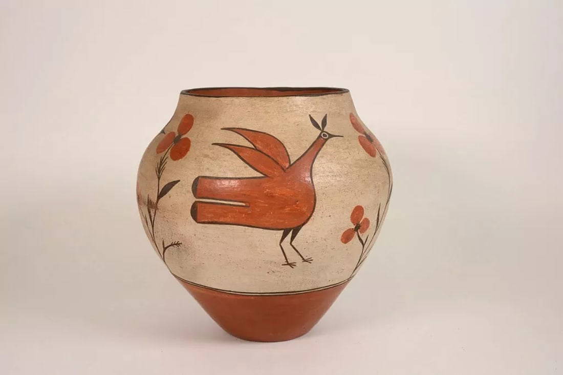 Large Antique Zia Polychrome Birds & Flower Motifs Pottery Olla Auction