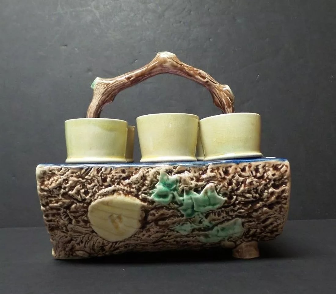 RARE 19th C. ENGLISH MAJOLICA ART POTTERY EGG BASKET with 6 EGG CUPS, c. 1875: Primary Material: Pottery,Material: Majolica,Main Color: Multi,Original or Reproduction: Original,Brand: Unidentified,Type: Egg basket