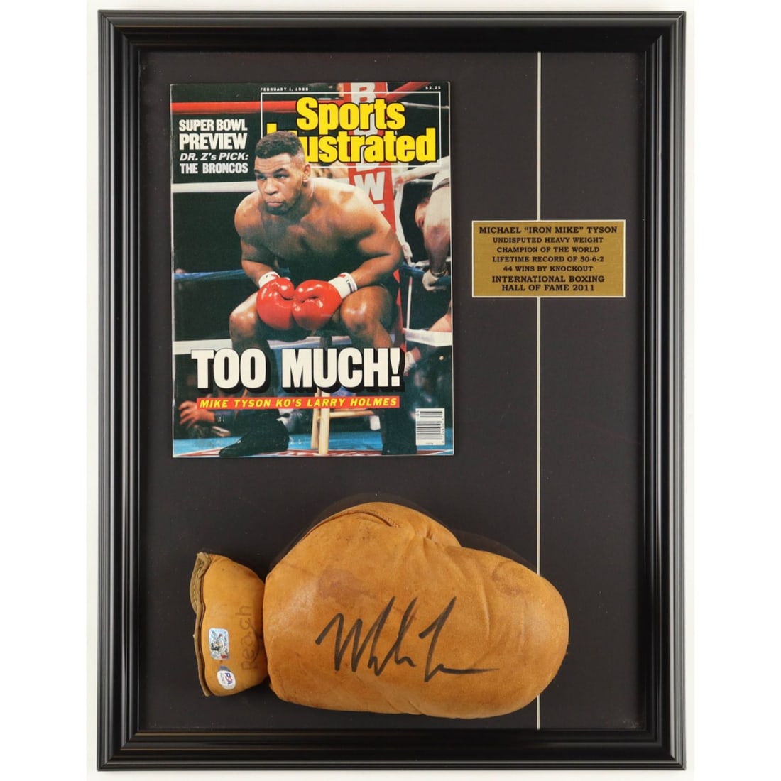 Mike Tyson Signed Custom Framed Vintage Boxing Glove Display with 1988 Sports Illustrated Magazine (1 of 1)