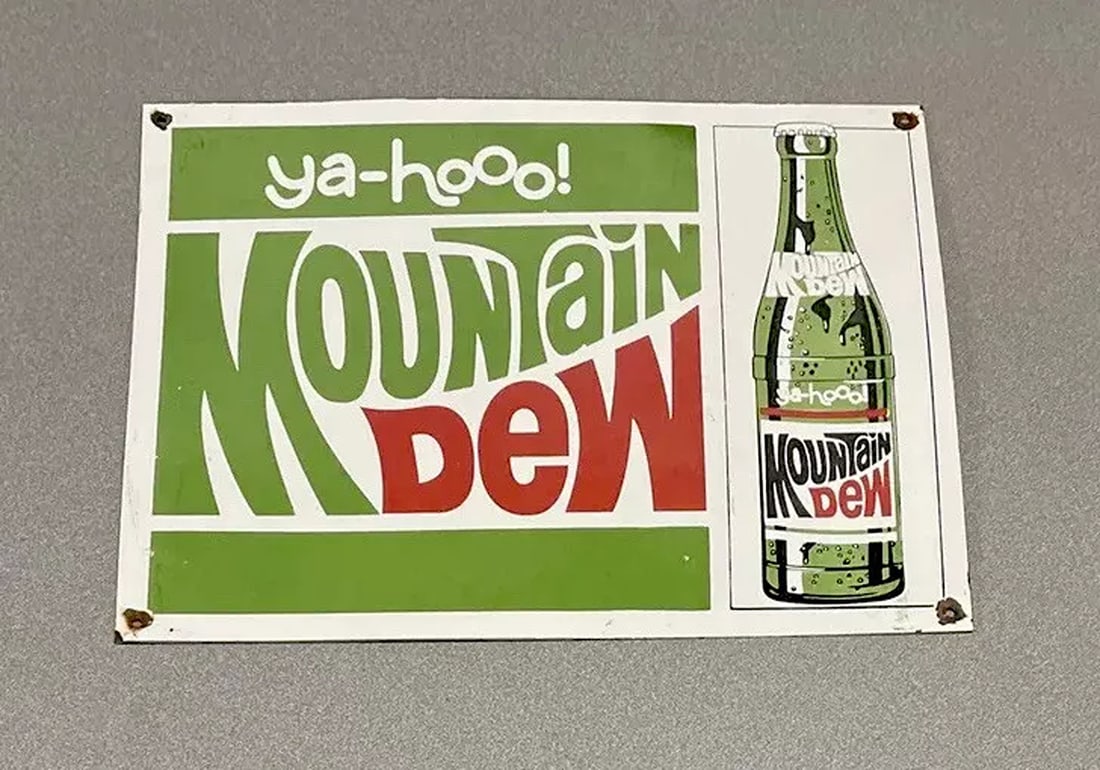 VINTAGE RARE MOUNTAIN DEW SODA 17?? PORCELAIN SIGN CAR GAS TRUCK GASOLINE: Condition: Used: An item that has been used previously. ,HEAVY STEEL: HEAVY STEEL,Type of Advertising: Sign,Color: Multi-color,Theme: Gas & Oil,Original/Reproduction: Preowned,Featured Refinements: SI