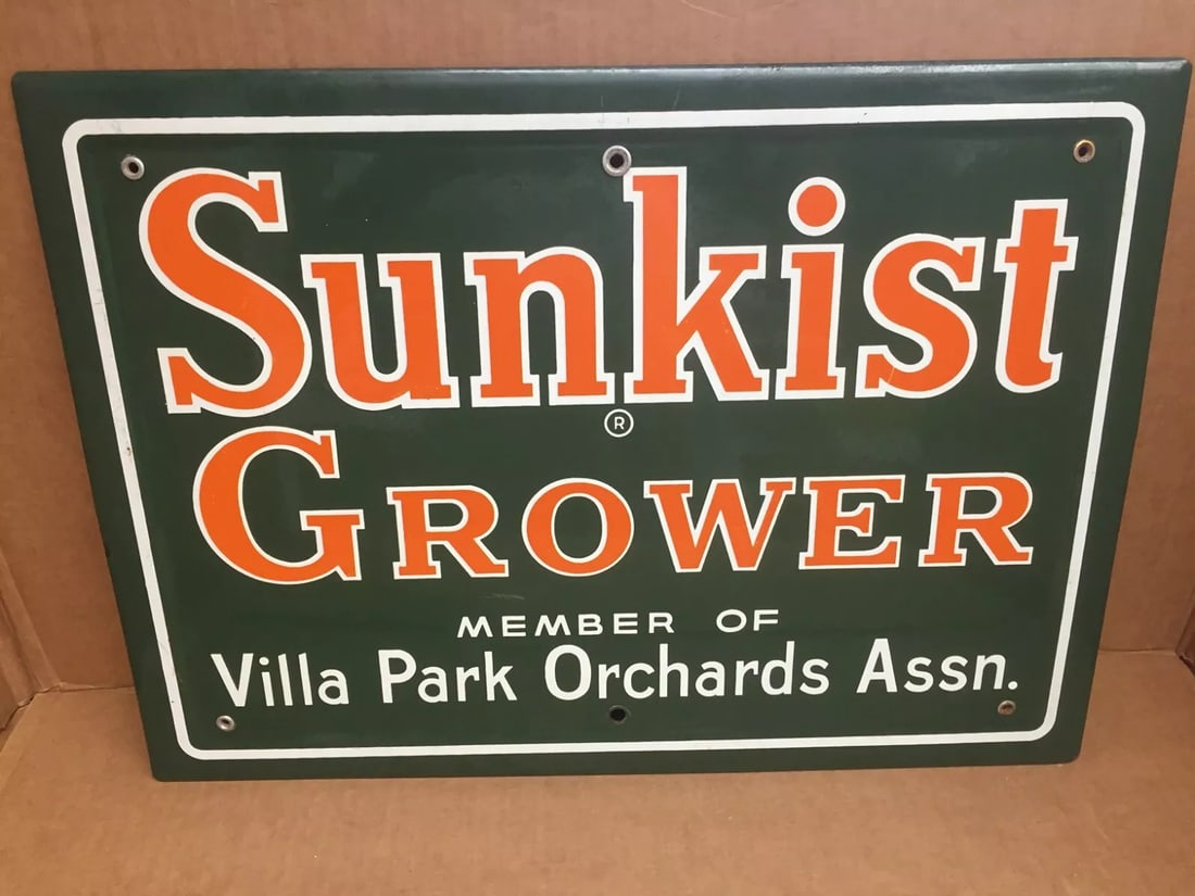 1940's PORCELAIN SUNKIST GROWER SIGN MEMBER OF VILLA PARK CALIF.  ORCHARDS ASSN. (1 of 9)