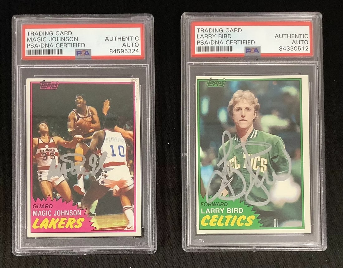 Larry Bird + Magic Johnson Signed 1981 Topps Rookie Card Pair Autograph PSA/DNA1 (1 of 8)