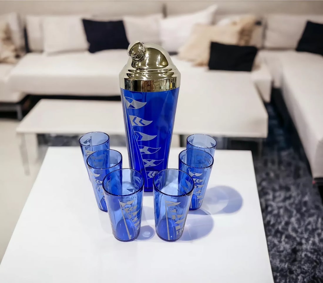 Designer Hazel Atlas Cobalt Blue Nautical Flags Cocktail Shaker & 6 Glasses Set: Condition: New other (see details): A new, unused item with absolutely no signs of wear. The item may be missing the original packaging, or in the original packaging but not sealed. The item may be a