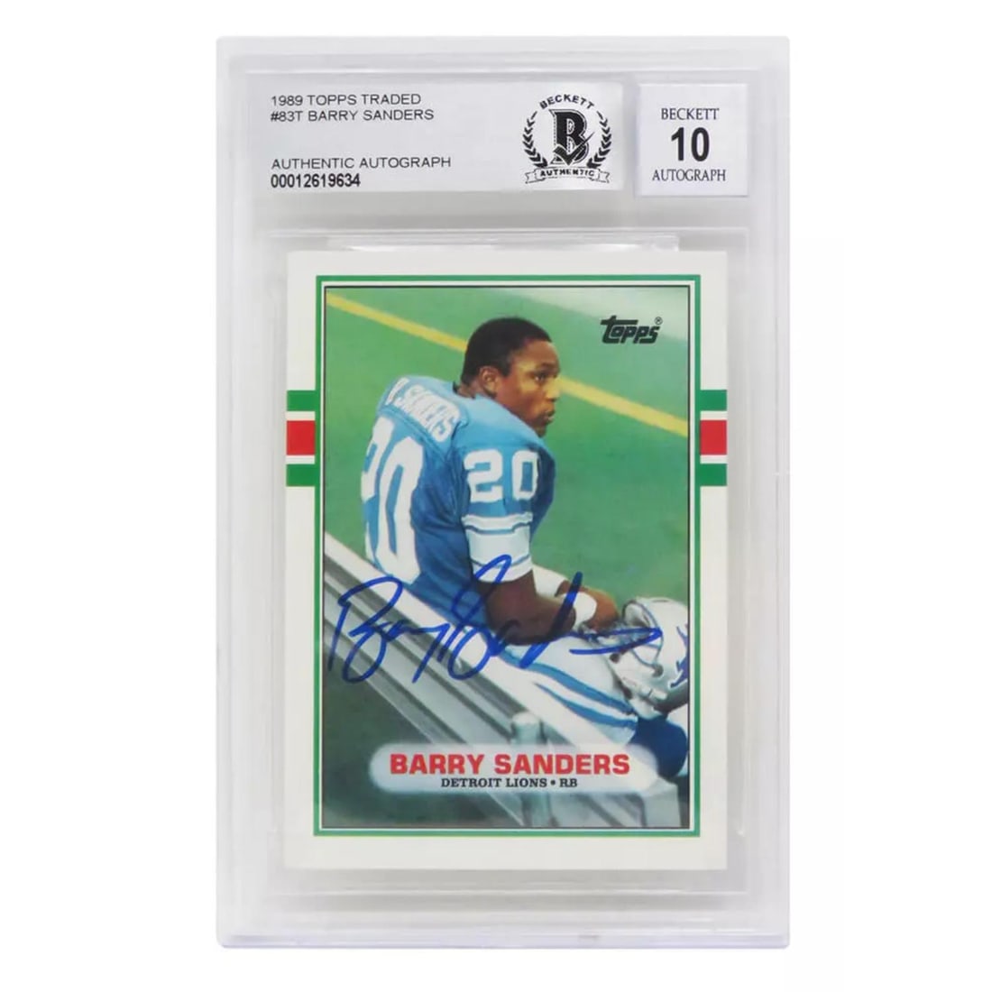 Barry Sanders Signed 1989 Topps Traded #83T Rookie Card (Beckett 10 Auto) (1 of 1)