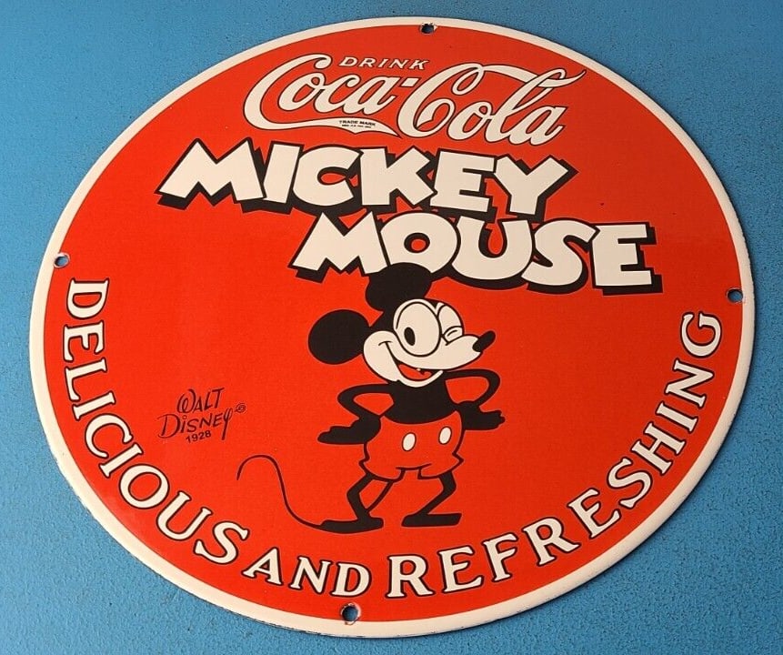 Vintage Coca Cola Sign - Disney Mickey Mouse Refreshing Soda Gas Porcelain Sign (1 of 1)