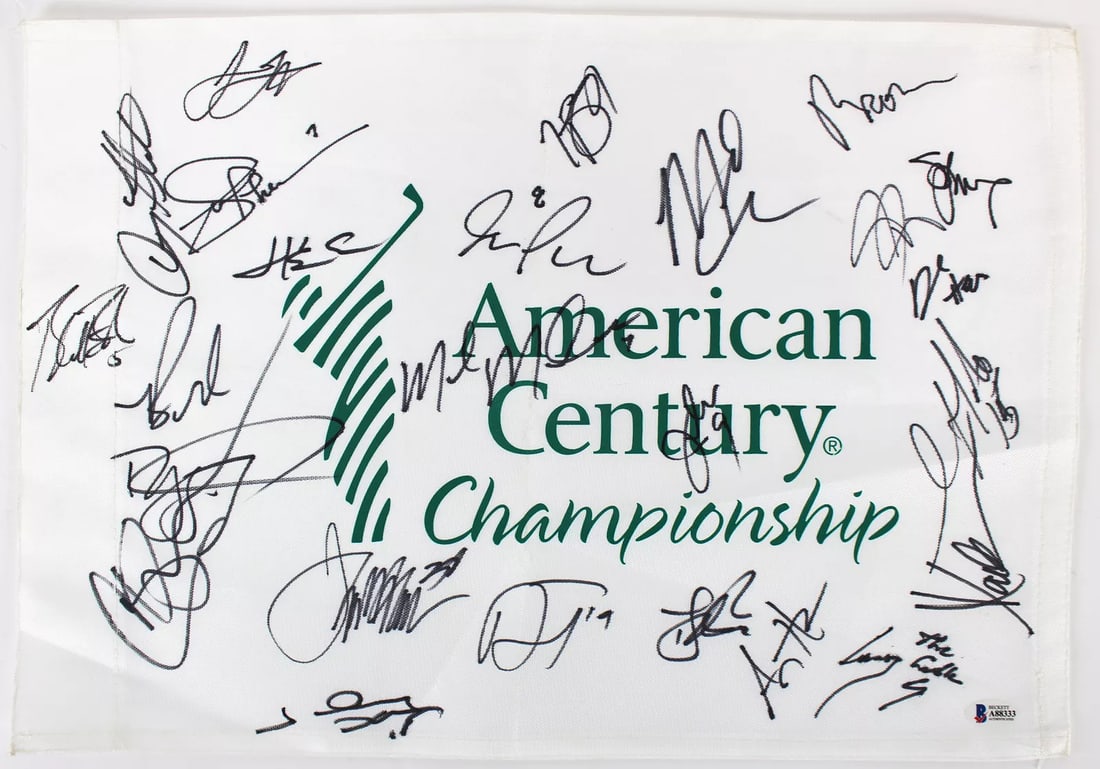 American Century (24) Goff, Webber, Davis, Allen Signed Pin Flag BAS #A88333: Sport: Golf-PGA,Product: Flag,Original/Reprint: Original,Player: Jared Goff, Doug Flutie, Joe Theismann, Herm Edwards, Blake Bortl,Autograph Authentication: BAS,PRODUCT_COA: BAS,PRODUCT_SIGNED_BY_NAME