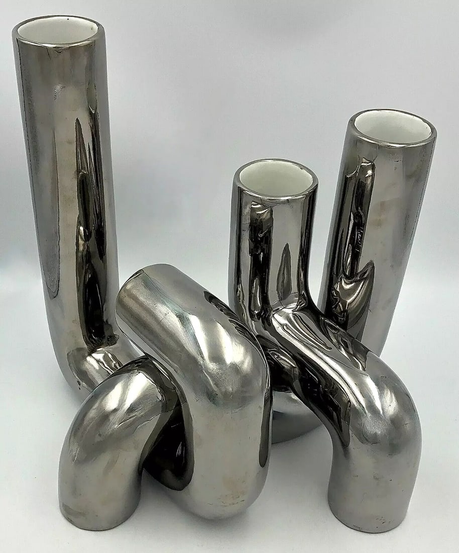 MCM Alvino Bagni RAYMOR 3 Sculptural Tubular Chrome Ceramic Vases 1970's ITALY: Condition: Used,Artist: Alvino Bagni,Antique: No,Shape: Tubular,Signed By: Sticker,Occasion: All Occasions,Size: Medium,Year Manufactured: 1970,Item Length: Varies - see listing,Department: Adults,Num