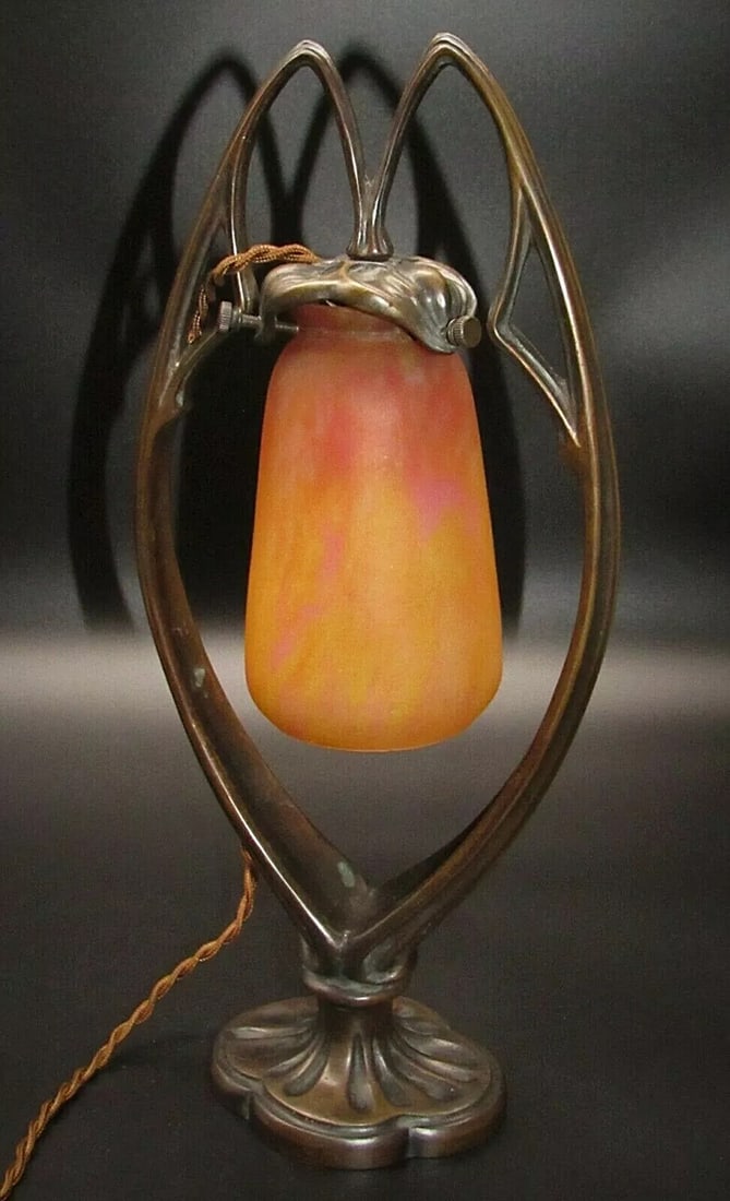 Nice French Art Nouveau Bronze DAUM NANCY Art Glass Desk Table Lamp 15" T Signed (1 of 12)