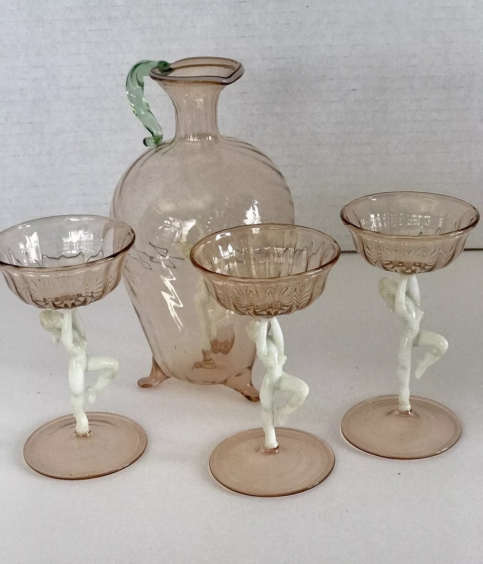 Lauscha/Bimini/Rare OPTIC PINK/GREEN Decanter Cordial Set/1930s/Art DECO: Condition: Used,Origin: Austria,Number of Items in Set: Four-Piece,Occasion: All Occasions,Signed: No,Color: Pink,Year Manufactured: 1930,Material: Glass,Vintage: Yes,Brand: Lauscha/Bimini,Type: Decan