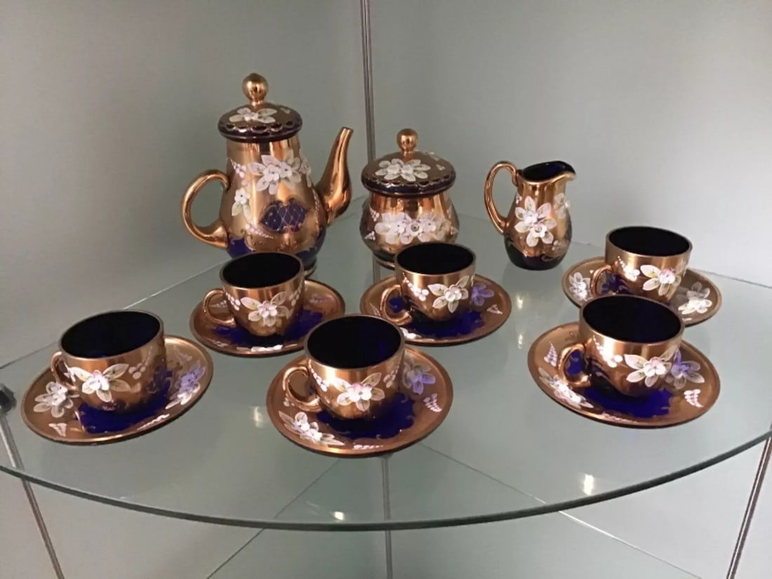 Vintage Bohemian Cobalt Blue Glass Gold-plated Tea Set: Condition: New other (see details),Country/Region of Manufacture: Czech Republic,Material: Glass,Features: Hand Painted,Color: Blue,Vintage: Yes,Origin: Bohemia,Brand: Bohemia,Production Style: Cobalt