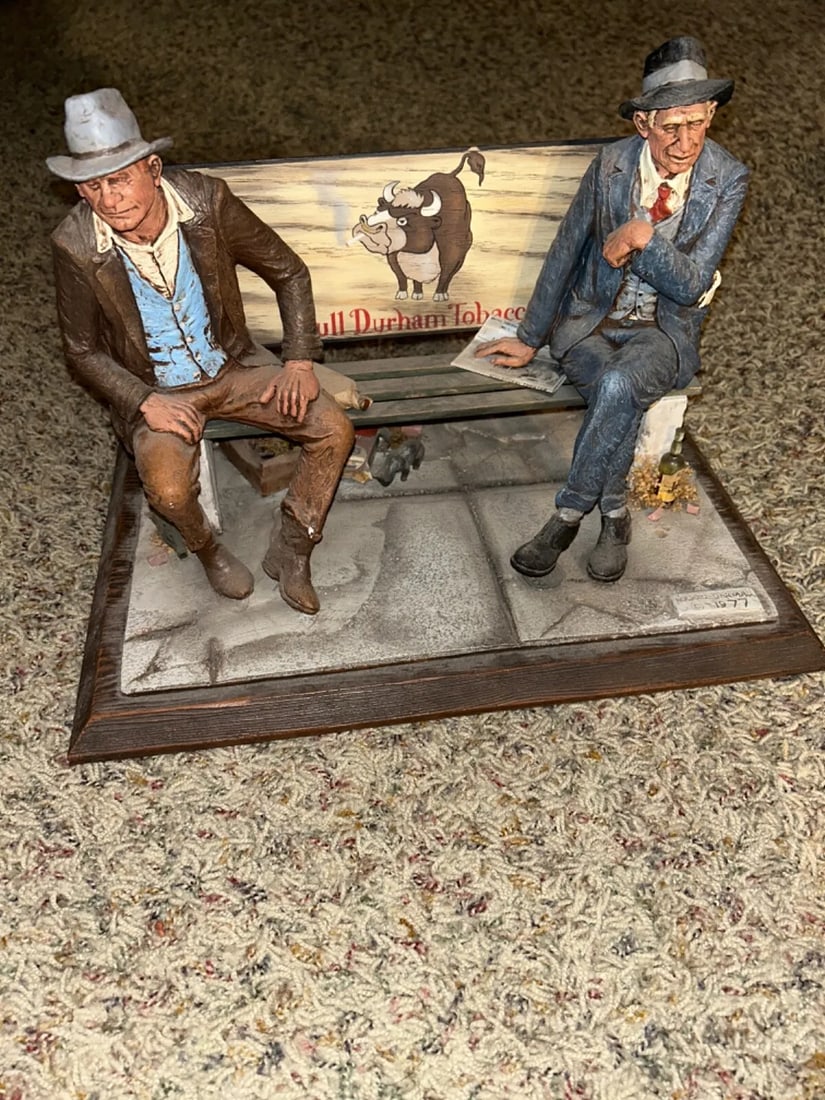 MICHAEL GARMAN " FRIENDS" Bull Durham Tobacco BENCH Rare! Town Series: Condition: Used: An item that has been used previously. Artist: MICHAEL GARMIN,Size: Small,Material: Resin, Mixed Media,Item Length: 15 in,Subject: Figures, Men, Farming, Cats, Christmas, Cowboy, Stre