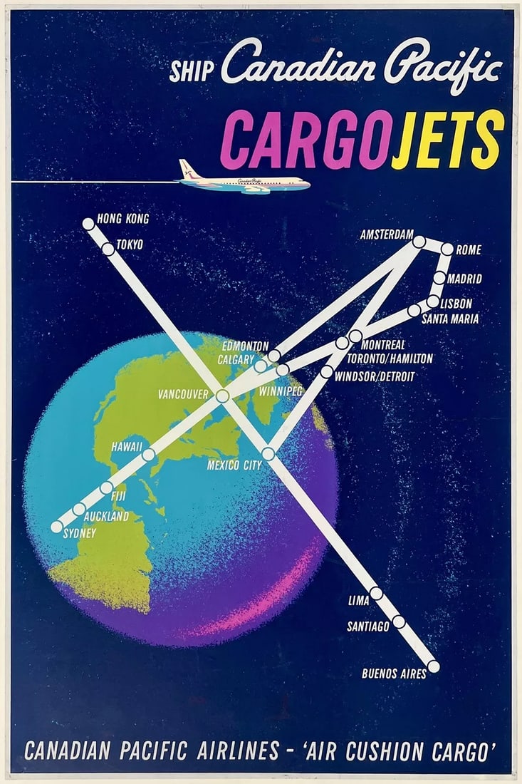 Original Vintage Poster SHIP CANADIAN PACIFIC CARGO JETS Airline Travel LINEN: Condition: Used,Type: Poster