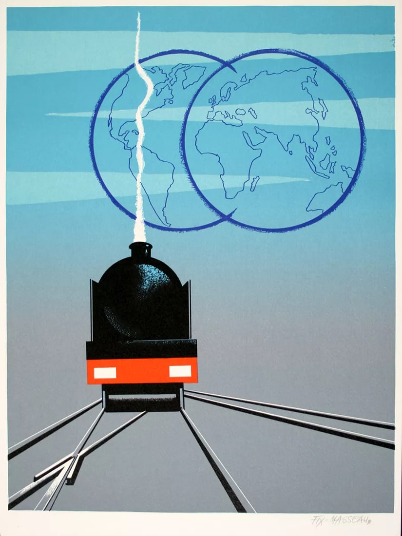 Original Vintage Travel Poster Train and Globes by Fix Masseau 1990 Hand Signed: Condition: Used: An item that has been used previously. ,Original/Reproduction: Original,Subject: Advertising,Style: Vintage,Original/Licensed Reprint: Original,Artist: Alphonse Mucha,Features: Signed