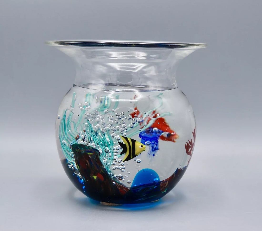 OGGETTI Art Glass 6.5" Fish Bowl Aquarium by Elio Raffaeli Murano: Condition: Used,Origin: Murano,Antique: No,Signed By: Elio Raffaeli,Signed: Yes,Color: Multicolor,Material: Glass,Subject: Fish,Vintage: Yes,Brand: OGGETTI,Type: Sculpture,Original/Licensed Reproducti