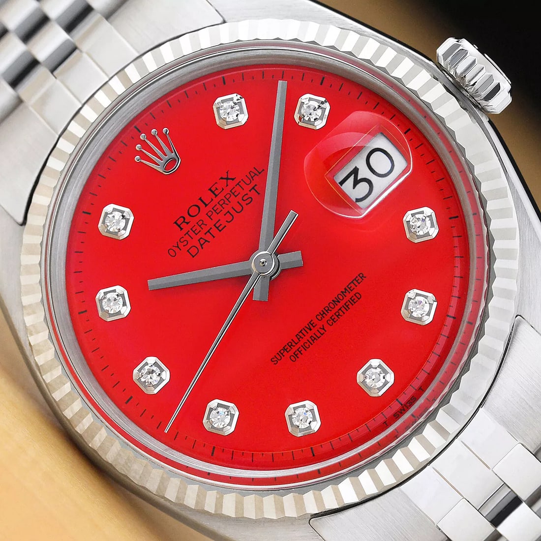 ROLEX MENS DATEJUST RED DIAMOND DIAL 18K WHITE GOLD STEEL WATCH w/ JUBILEE BAND (1 of 8)