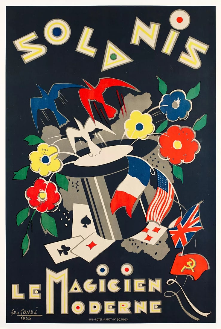 Original Vintage Poster - Solanis - Magician - Dove - Card Game - Flag - 1945: Condition: Used,Unit of Sale: Single-Piece Work,Artist: Geo Conde,Character: Magician,Size: Medium (up to 36in.),Signed: Yes,Date of Creation: 1900-1949,Title: Solanis le magicien moderne,Original/Lic