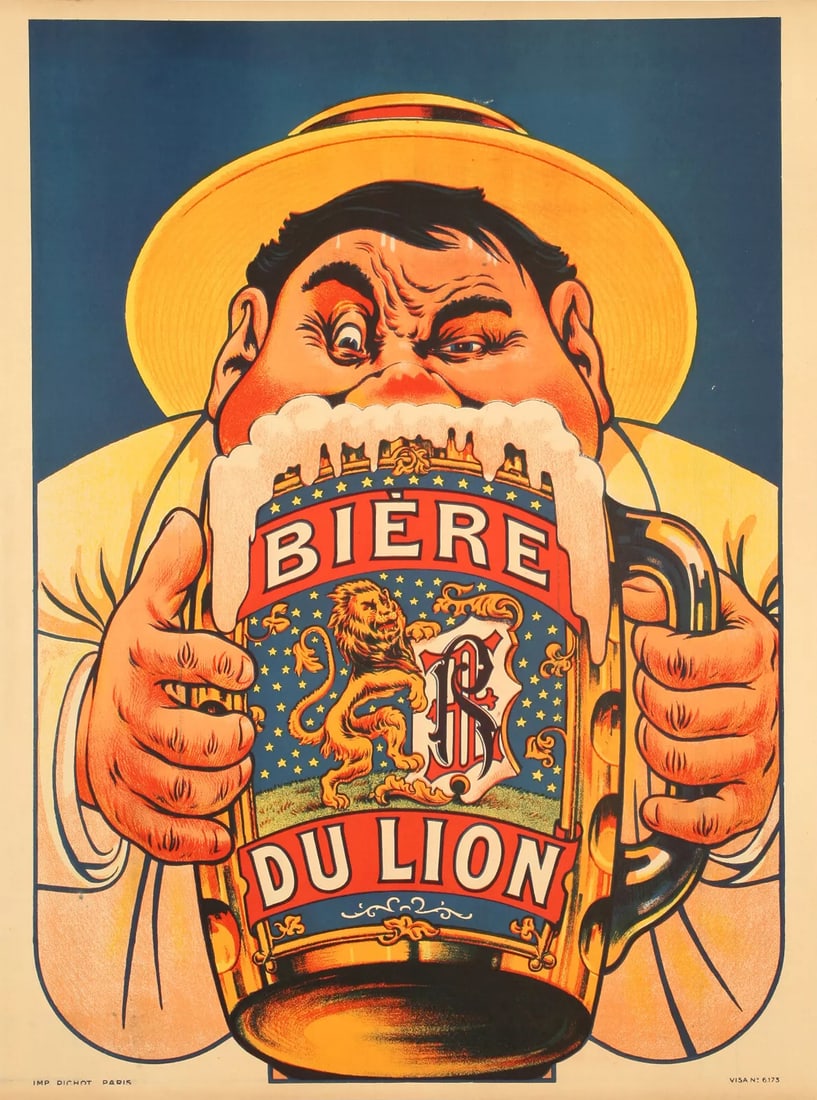 Original Vintage Poster, Oge, Lion Beer Pint Jar, Brewery, Hop Ale Beverage 1905: Condition: Used,Artist: Eugene Oge,Unit of Sale: Single-Piece Work,Signed By: Eugene Oge,Size: Small,Signed: Yes,Date of Creation: 1900-1949,Title: Biere du lion,Certificate of Authenticity (COA): Yes