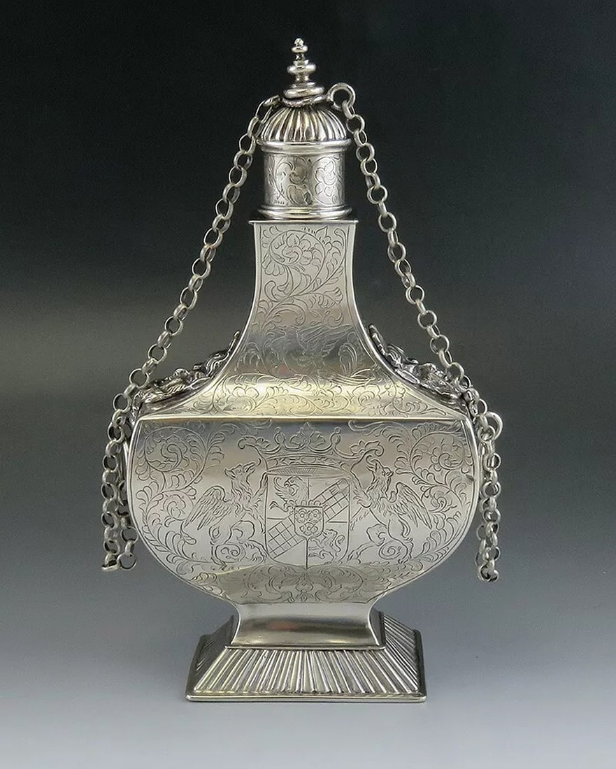 Antique 1850's Dutch Hand Engraved 850 - 900S Silver Flask Repro of 1600's Piece: Antique 1850's Dutch Hand Engraved 850 - 900S Silver Flask Repro of 1600's Piece