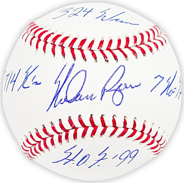 Nolan Ryan Autographed Official MLB Baseball Inscribed "7 No Hitter, HOF 99, 5714 K's, 324 Wins" (Be (1 of 2)