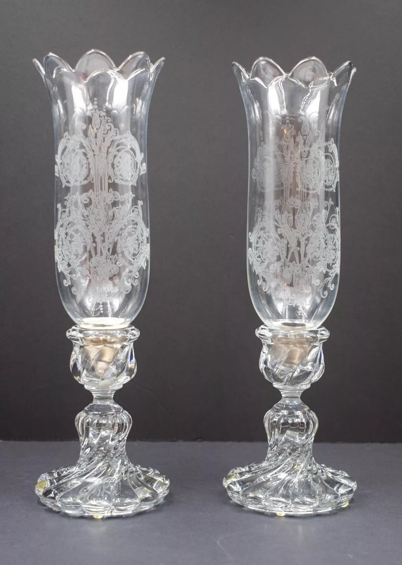 Pair of Baccarat Bambous Candlesticks with Etched Hurricane Globes: Condition: Used,Brand: Baccarat,Type: Candlestick,Model: Baccarat Bambous,Features: Etched