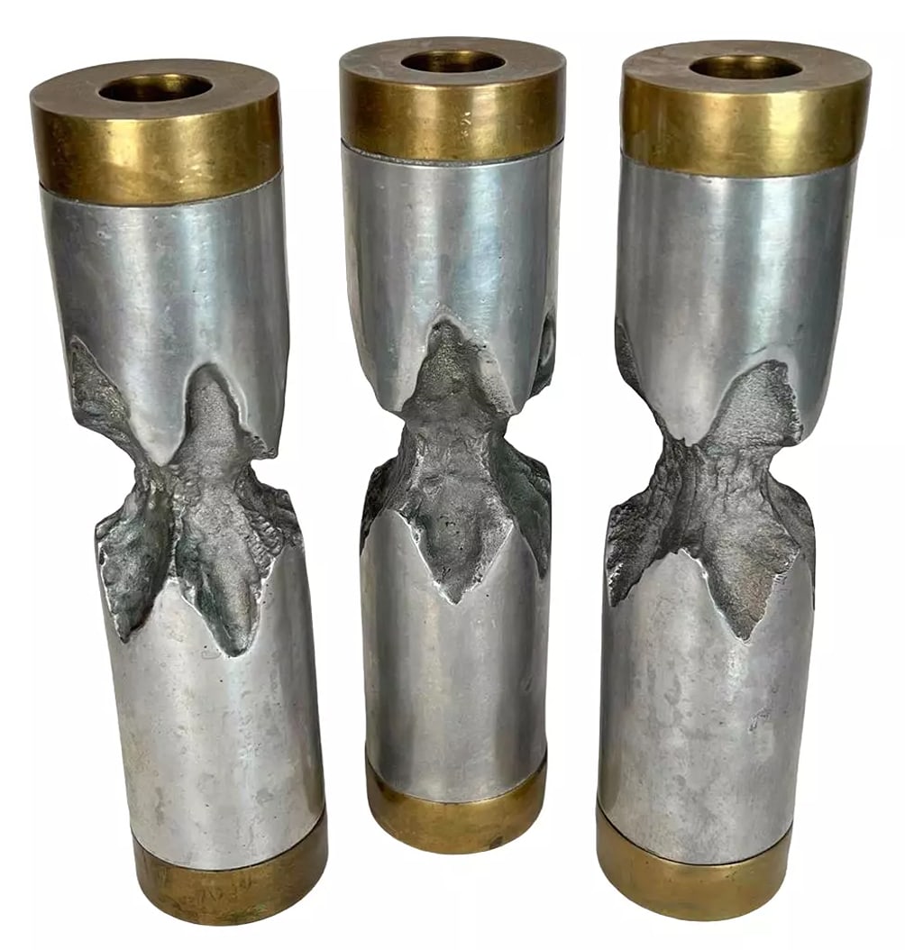 Set 3 DAVID MARSHALL Spain 1970s Brutalist Modernist Aluminum Brass Candlesticks: Condition: Used,Type: Candle Holder,Brand: David Marshall,Era: Late 20th Century (1970-1999),Material: Aluminum, Brass,Number in Pack: 3,Shape: Round,Size: Medium,Style: Brutalist,UPC: Does not apply