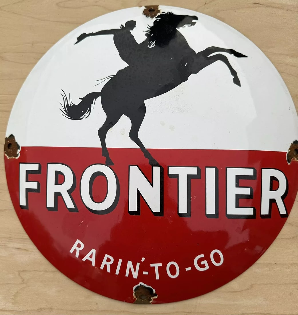 RARE VINTAGE FRONTIER DOME 12?? GASOLINE / MOTOR OIL PORCELAIN GAS SIGN: Condition: Used: An item that has been used previously. ,Brand: Frontier gasoline,Type of Advertising: Sign,Color: Multi-color,Date of Creation: Unknown,Theme: Gas & Oil,Original/Reproduction: Origina