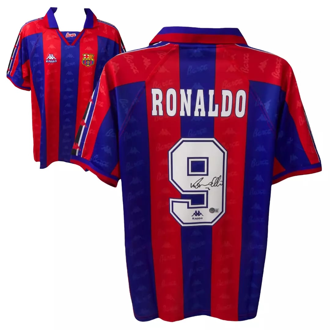 Ronaldo Nazario Signed FC Barcelona Home Soccer Jersey #9 with Beckett COA (1 of 4)