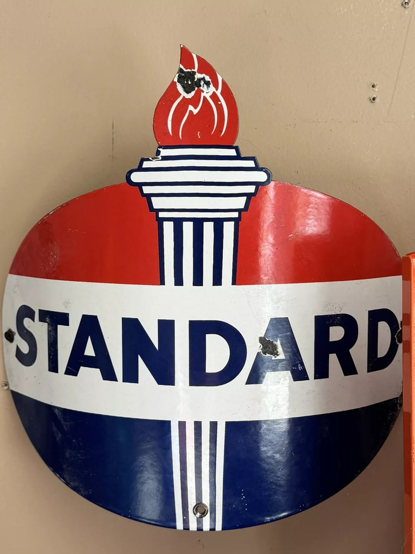 VINTAGE STANDARD 15?? CURVED PUMP PLATE PORCELAIN PUMP SIGN GAS OIL: Condition: Used: An item that has been used previously.,Brand: STANDARD Oil Company,Type of Advertising: Sign,Color: Red and White,Theme: Gas & Oil,Original/Reproduction: Original,Country/Region of Ma