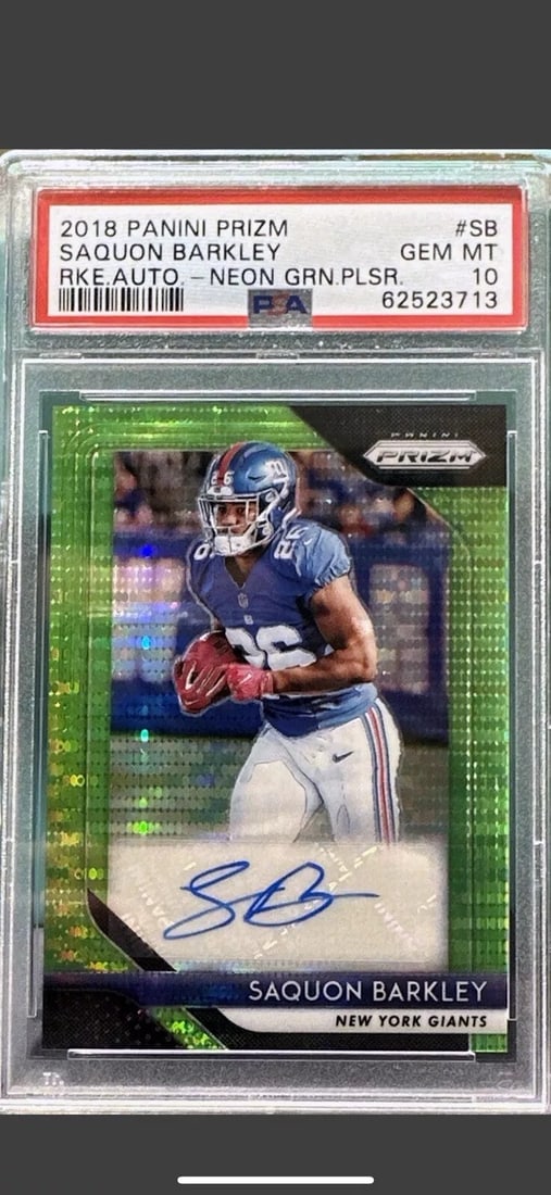 2018 Panini Prizm Saquon Barkley Rookie Auto Neon Green Pulsar PSA 10 GEM MT: 2018 Panini Prizm Saquon Barkley Rookie Auto Neon Green Pulsar PSA 10 GEM MT