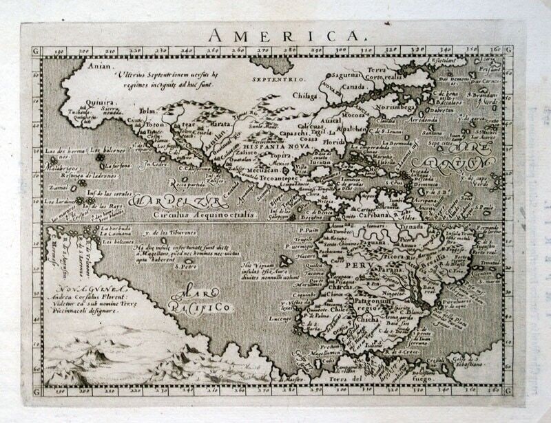 c. 1596 ORIGINAL MAP OF THE AMERICAS, ORTELIUS -MAGINI: M-14367: “AMERICA” Abraham Ortelius. Published in Venice: Giovanni Magini, c. 1596. Verso text: Latin. Engraved map on hand-made paper. (Ref: Burden # 93). Paper size: 160 x 230mm – 6 5/8 x