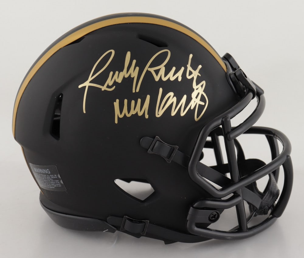 Rudy Ruettiger Signed Notre Dame Fighting Irish: Rudy Ruettiger Signed Notre Dame Fighting Irish Mini-Helmet with Hand-Drawn Play Sketch (Beckett COA & Ruettiger Hologram)
