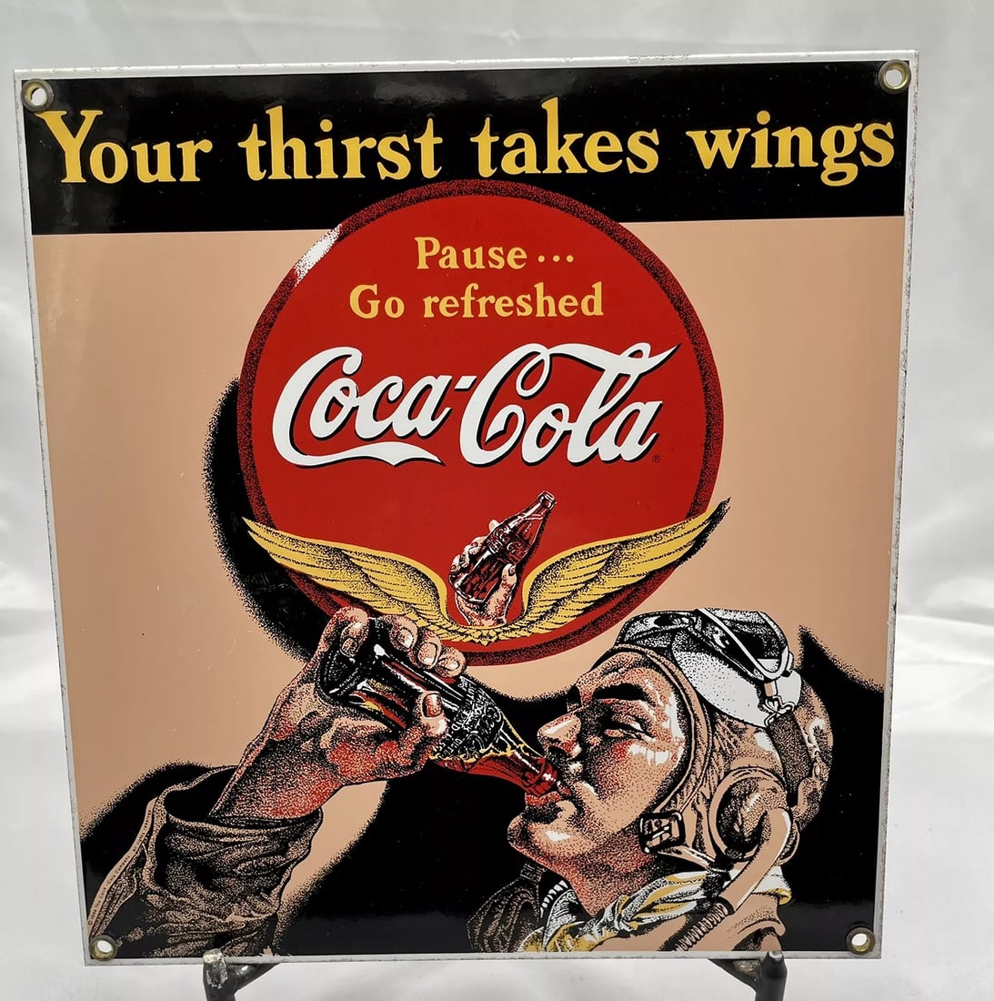 Old Rare Ande Rooney porcelain sign Your Thirst Takes Wings Coca Cola aviator (1 of 9)