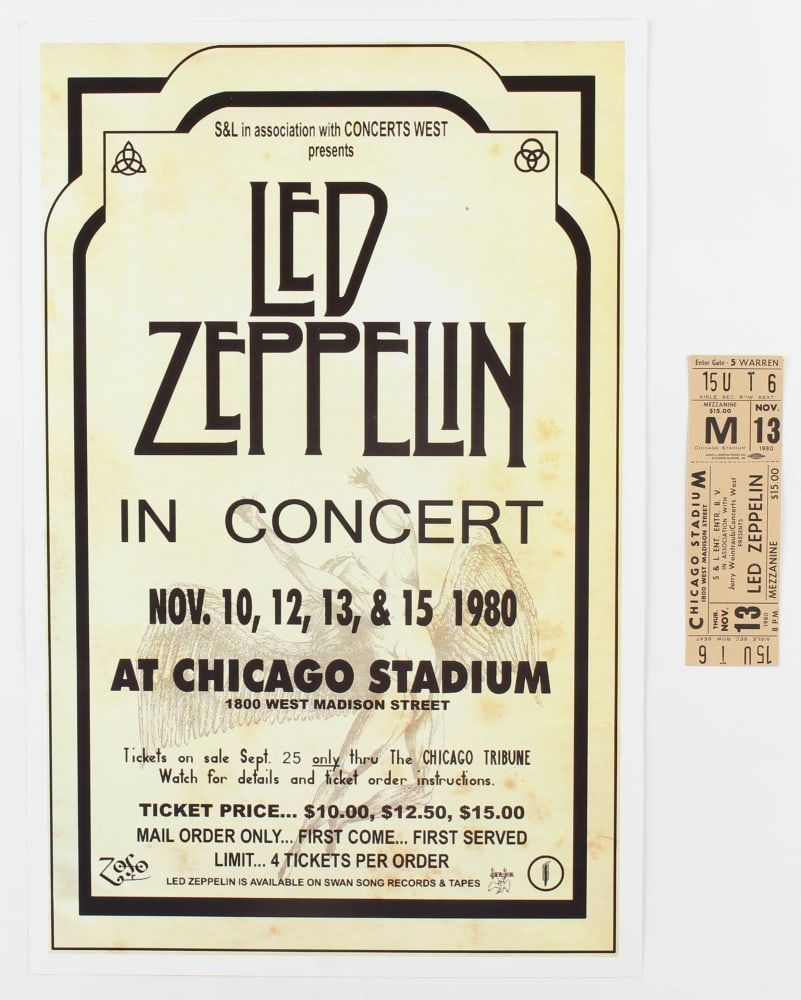 Set of (2) Led Zeppelin Concert Items with (1) Concert Ticket & (1) 11x17 Concert Poster Print: Set of (2) Led Zeppelin Concert Items with (1) Concert Ticket & (1) 11x17 Concert Poster Print (Chicago Stadium Corporation LOA)