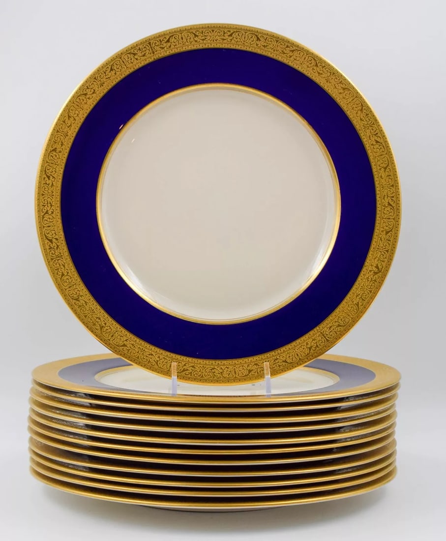 Set of 12 Rare Lenox Westchester Cobalt Blue & Gold Dinner Plates, C.1940 (1 of 5)
