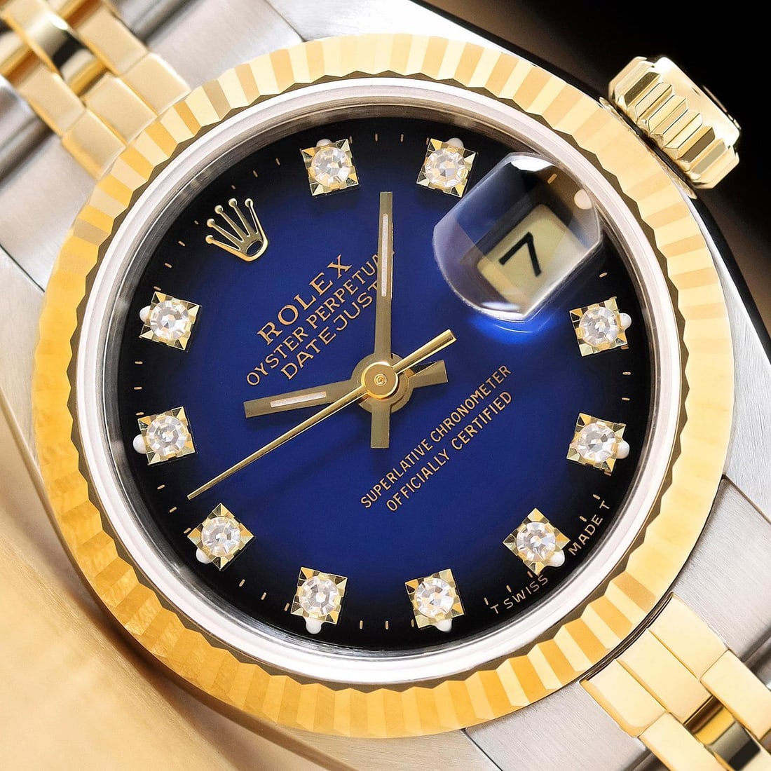 ROLEX DATEJUST 69173 BLUE VIGNETTE FACTORY DIAMOND DIAL 18K GOLD STEEL WATCH (1 of 2)