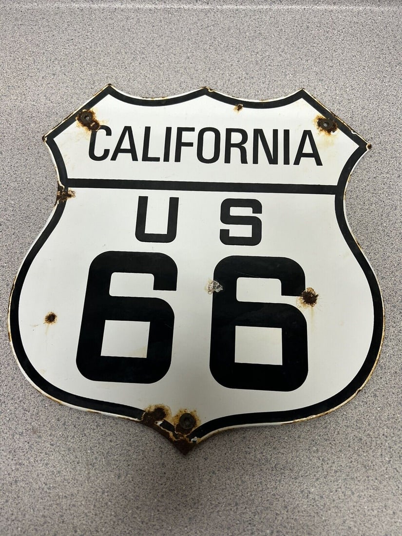 Vintage US Route 66 California Porcelain Highway State Road Gas Oil Pump Sign (1 of 1)