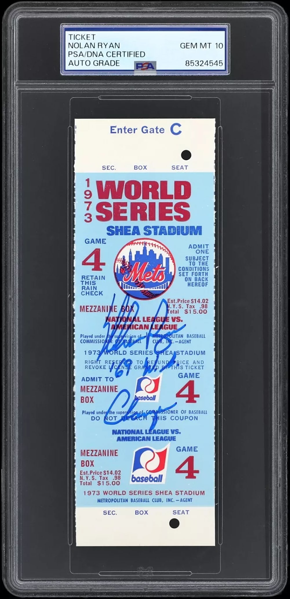 Nolan Ryan 1969 World Series Champs Signed New York Mets Ticket PSA GEM MINT 10 (1 of 2)