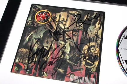 SLAYER BAND SIGNED FRAMED 'REIGN IN BLOOD' CD COVER BOOKLET BECKETT BAS COA X4