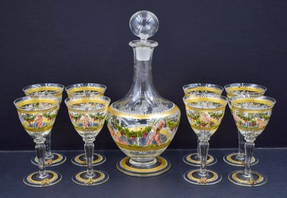 Venetian Murano Hand Painted Decanter with 8 Wine Glasses~(9pc Set)