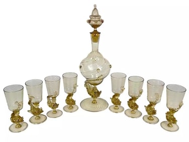 Salviati Murano Venetian Dolphin Gold to Clear Blown Glass Decanter Cordial Set
