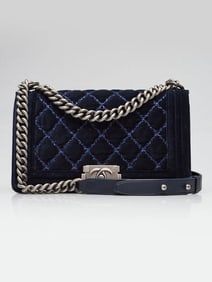 Chanel Navy Blue Stitch Quilted Velvet Medium Boy Bag