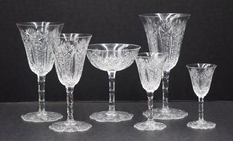 Measurements: Water 6 3/4" high. Large wine 6 1/4" high. Wine 5 11/16" high. Champagne 4 5/8" high.