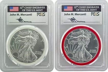 2017 (P) and (S) Silver Eagle Implied Duo PCGS MS70 Mercanti Mint Engravers